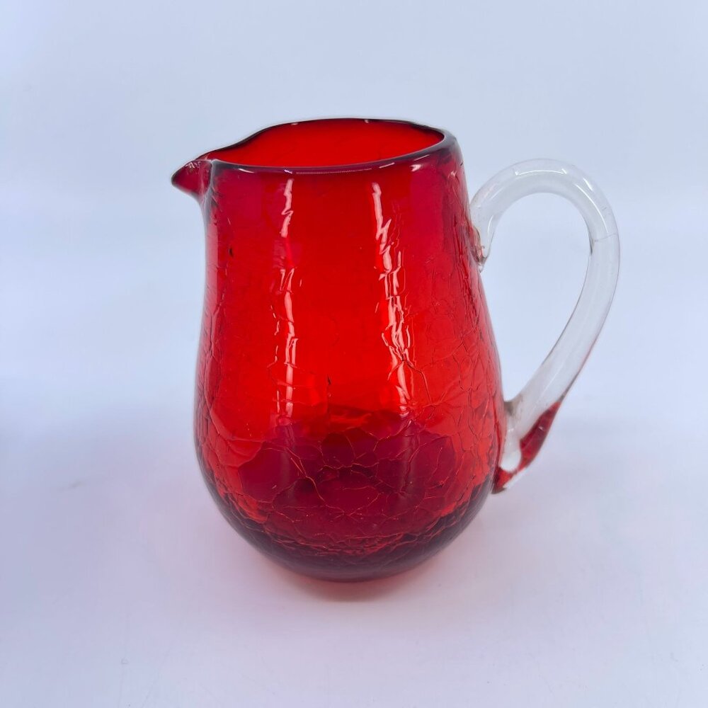 vintage handblown ruby red crackle glass creamer with clear handle